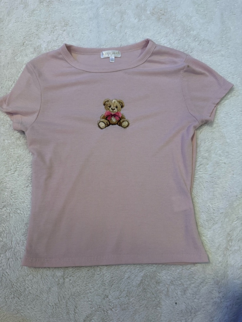 Pink Ribbed Crop Tee with Teddy Embroidery